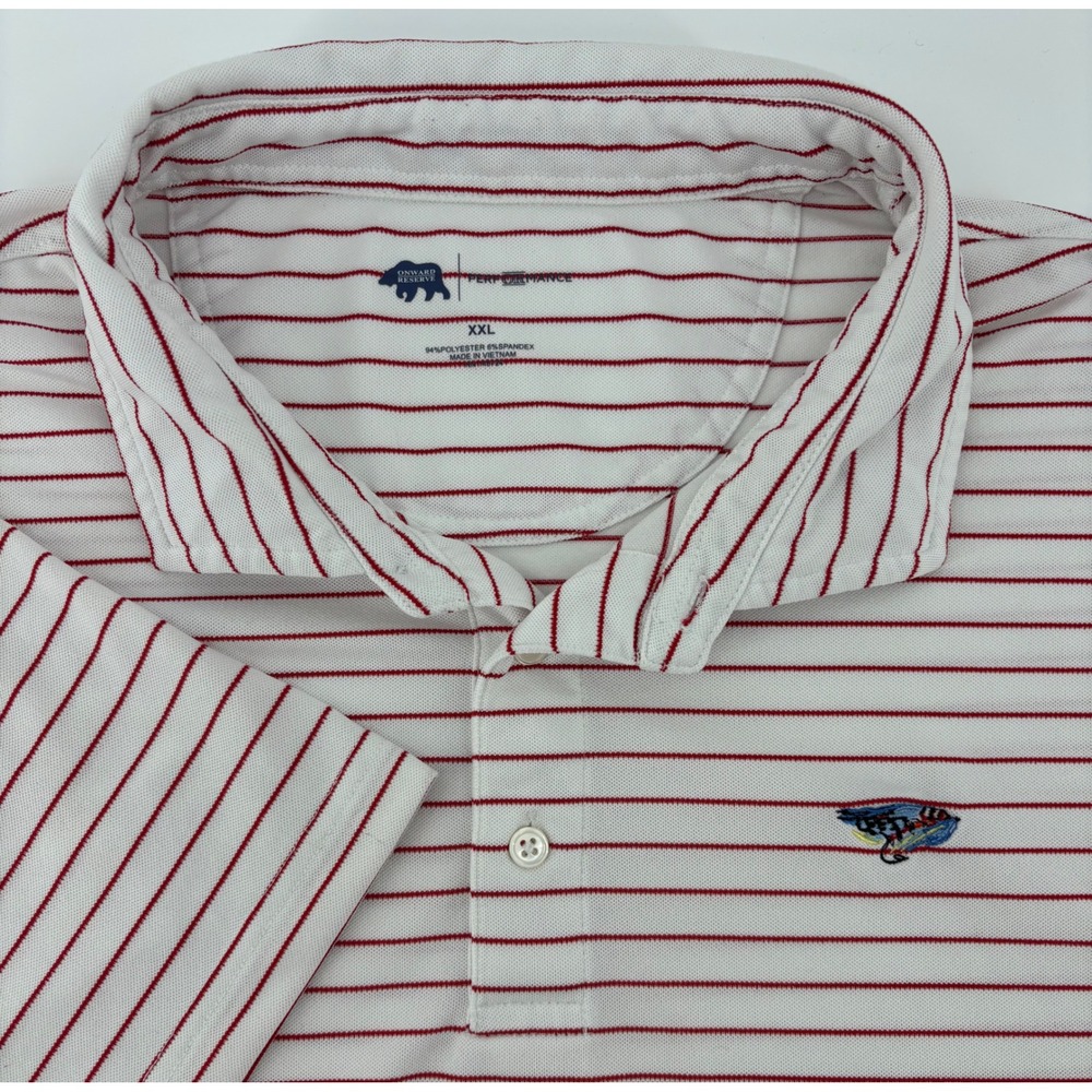 Onward Reserve Performance Polo Shirt Men XXL Red White Striped Fly Fishing Logo